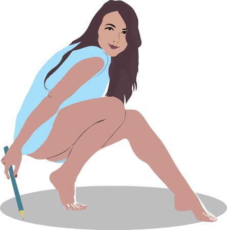 picture girl draws a circle with a pencilのイラスト素材