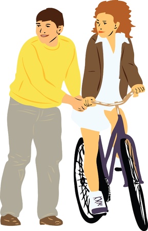a boy teaches girl to ride a bikeのイラスト素材