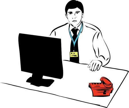  sketch of a guy with badges around the neck and a red phone on the tableのイラスト素材