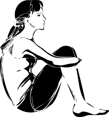 a sketch of a girl sitting hugging her kneesのイラスト素材