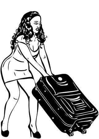 black and white girl with a large suitcaseのイラスト素材