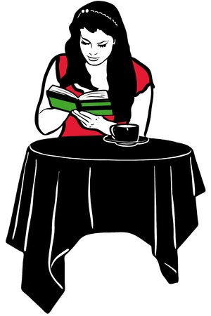 girl reading a book at the table drinking coffeeのイラスト素材
