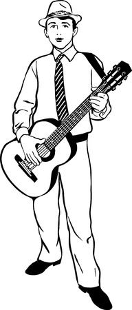 black and white sketch of a young man in a hat playing a guitarのイラスト素材