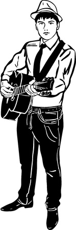 black and white sketch of a young man in a hat playing a guitarsのイラスト素材