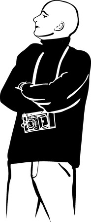 black and white sketch of a bald photographer with old cameraのイラスト素材