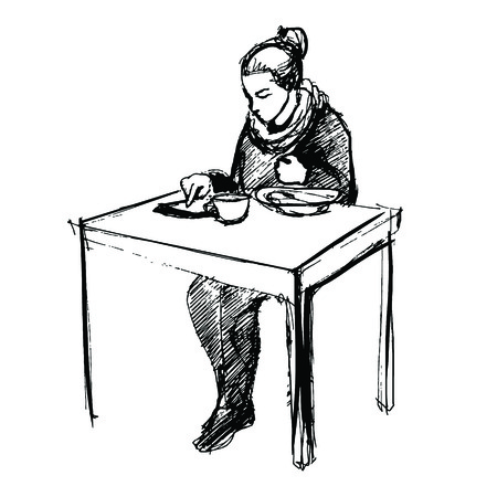 young woman using tablet computer and having lunchのイラスト素材