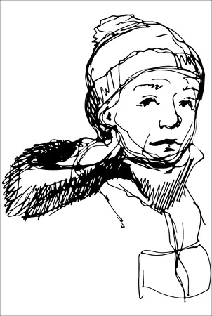 vector sketch of a boy in a cap and a jacket with a hoodのイラスト素材
