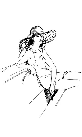 black and white vector sketch of a girl in a bathing suit and a large hat on the benchhのイラスト素材