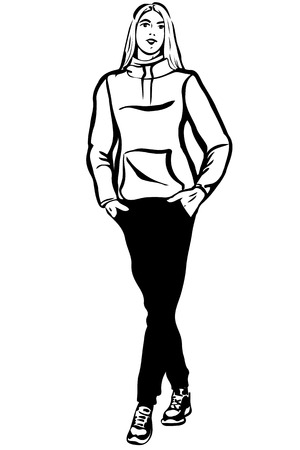 black and white vector sketch of the blonde woman in a sports suitのイラスト素材