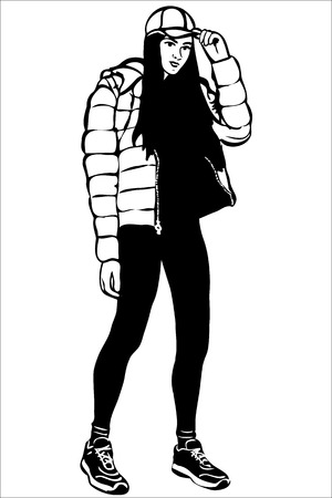 black and white vector sketch of a girl in a cap and down jacketのイラスト素材