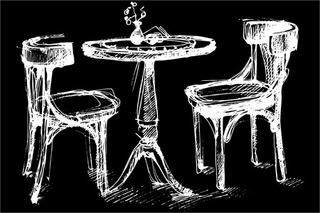 black and white vector sketch of a round wooden table and two chairs in Viennaのイラスト素材