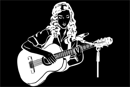 black and white sketch of a girl playing the guitar in front of a microphoneのイラスト素材