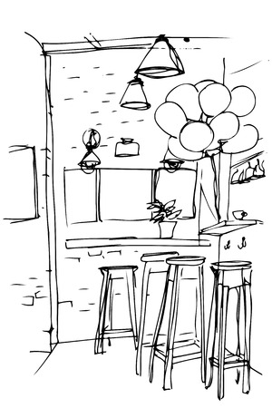 black and white sketch of the high stools in the kitchenのイラスト素材
