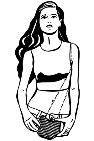 black and white vector sketch of a beautiful young brunette woman with a bag in his handのイラスト素材
