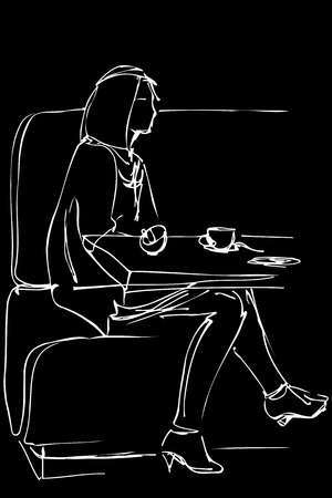 lack and white sketch of a girl in a cafe drinking coffee on the couchのイラスト素材