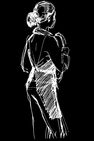 black and white sketch of employee cafe girl in apronのイラスト素材