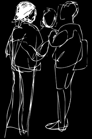 black and white vector sketch young people communicate on the streetのイラスト素材