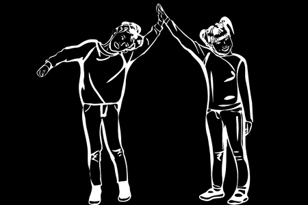 black and white vector sketch boy and girl hold handsのイラスト素材