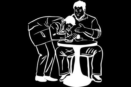 black and white vector sketch of a thin man takes food from a fat man in a cafeのイラスト素材