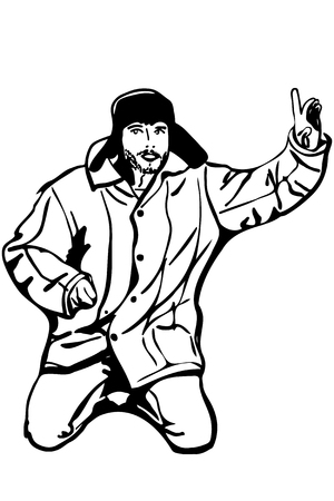 black and white vector sketch man in a winter hat raised a finger to the top attentionのイラスト素材