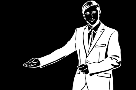 black and white vector sketch of a man in a suit invites with his handのイラスト素材