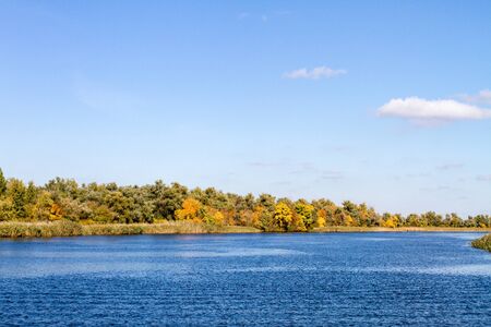 image landscape yellow trees on the banks of a large riverの写真素材