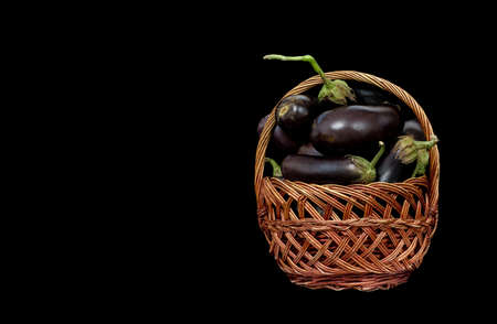 Image of a wicker basket with an eggplant harvest on a black backgroundの写真素材