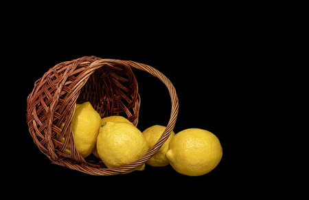 Image of ripe lemons poured out of a basket on a black backgroundの写真素材