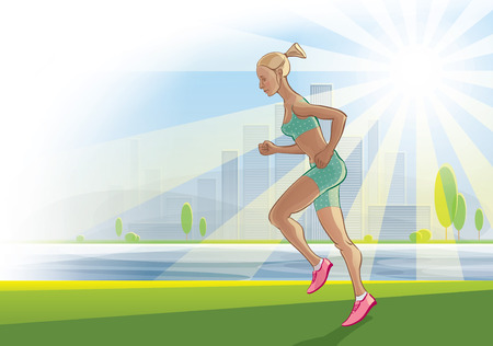 Morning run on the urban landscape  Illustration on the theme of healthy lifestyles  100  vector image  Fully editable  Format のイラスト素材