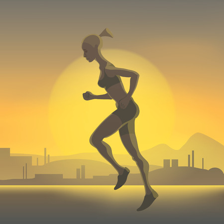 Silhouette of running girl on a background of the sunsetのイラスト素材