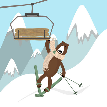 Cartoon bear skier with ski lift gondola on ski resort background. Vector illustration.のイラスト素材