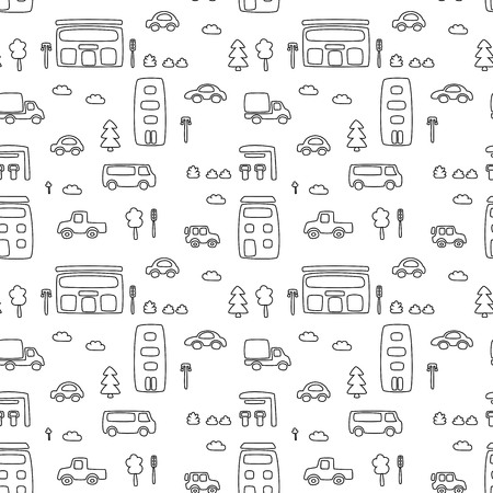 Seamless pattern with hand drawn city print. Cartoon skyscraper, cars, trees, traffic light. Vector illustration. Perfect for kids fabric, textile, nursery wallpaper.のイラスト素材
