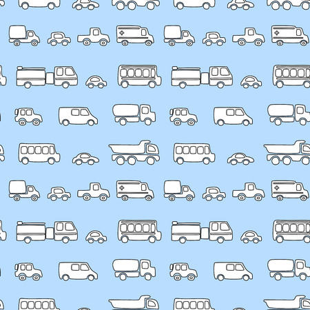 Seamless pattern of doodles cars. Vector blue, black and white background in cartoon style. Can be used for children wallpapers, web site background or wrapping paper.のイラスト素材