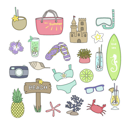 Set of cute summer icons. Perfect for web, card, poster,sticker kit. Vector illustration.のイラスト素材