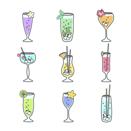 Set of colorful cocktails. Isolated on a white background. Vector illustration. のイラスト素材