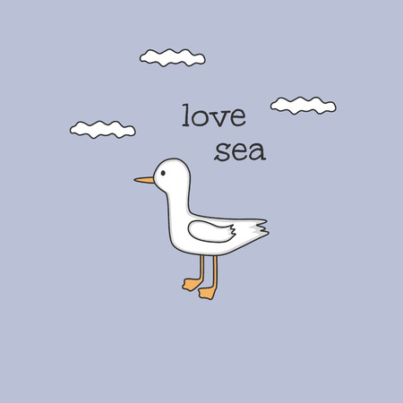 Cute cartoon gull whith clouds. Vector illustration. Hand Drawn card for birthday, anniversary, party invitations, scrapbooking.のイラスト素材