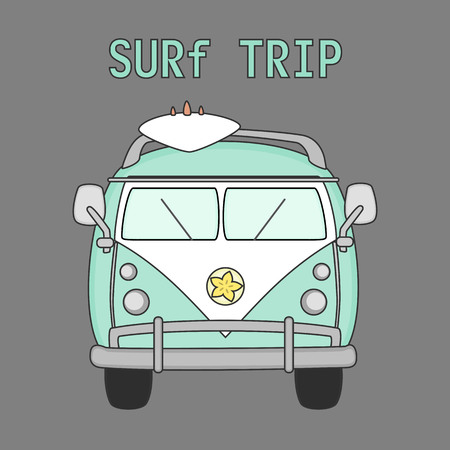 Retro surf van with surf board. Travel bus family camper with surf board. Vector illustration.のイラスト素材