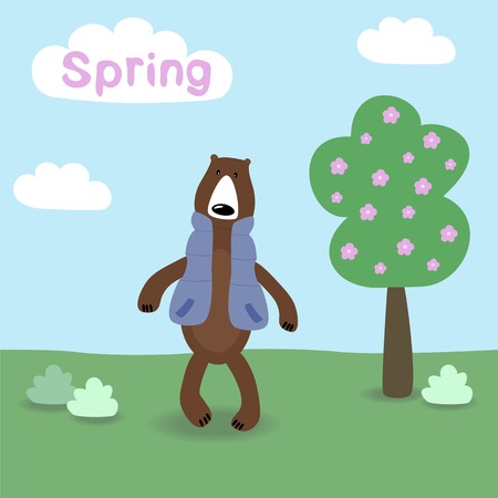 Cartoon bear on spring background. Vector illustration.のイラスト素材