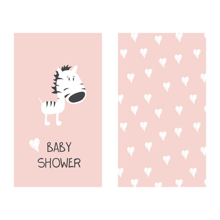 Baby Shower invitation with cute zebra. Can be used print for t-shirts, home decor, posters, cards. Vector illustration.のイラスト素材