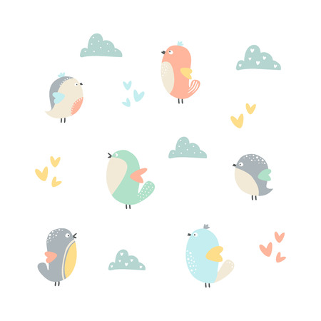 Set of cute little colorful birds isolated on white background. Vector illustration.のイラスト素材