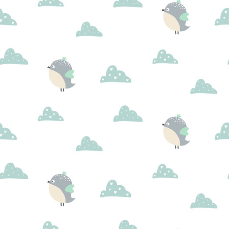 Seamless pattern with cute bird and clouds. Vector illustration.のイラスト素材