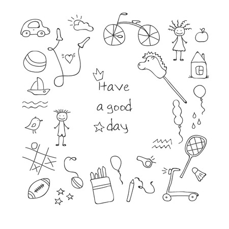 Children drawing. Doodle set of objects from a child's life. Vector illustration.のイラスト素材
