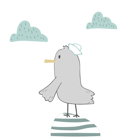 Cute seagull sailor vector illustration. Can be used for baby t-shirt print, fashion print design, kids wear, baby shower celebration, greeting and invitation card.のイラスト素材