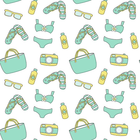 Seamless summer pattern with hand drawn beach elements such as sunglasses, foto camera, swimsuit,...