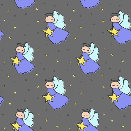Seamless pattern with angels and stars. Vector illustration.のイラスト素材