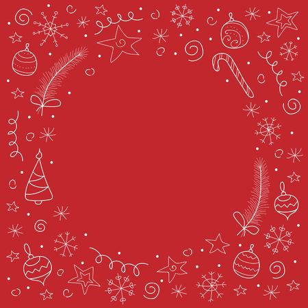 Christmas frame with Christmas tree, snowflake, candys in doodle style. Vector illustration.のイラスト素材