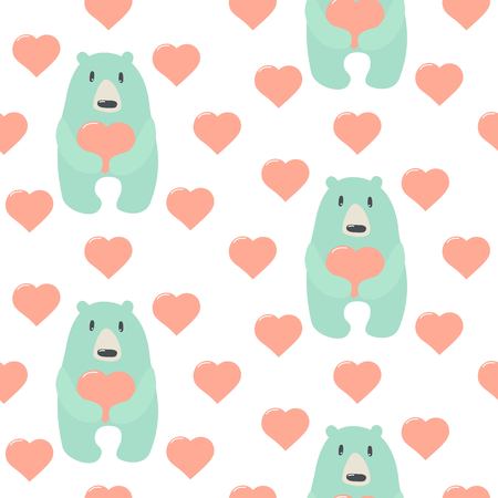 Seamless pattern with cute cartoon bears with hearts. Vector background.のイラスト素材