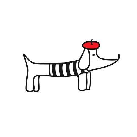 French style dog. Cute cartoon parisian dachshund vector illustration. Beret and striped frock.のイラスト素材