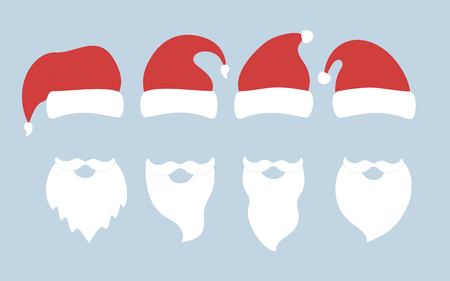 Set of red hats and beards of santa claus. Vector illustration.のイラスト素材