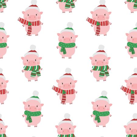 Seamless pattern with cute pigs in santa hat. Symbol of Chinese New Year 2019. Vector illustration.のイラスト素材